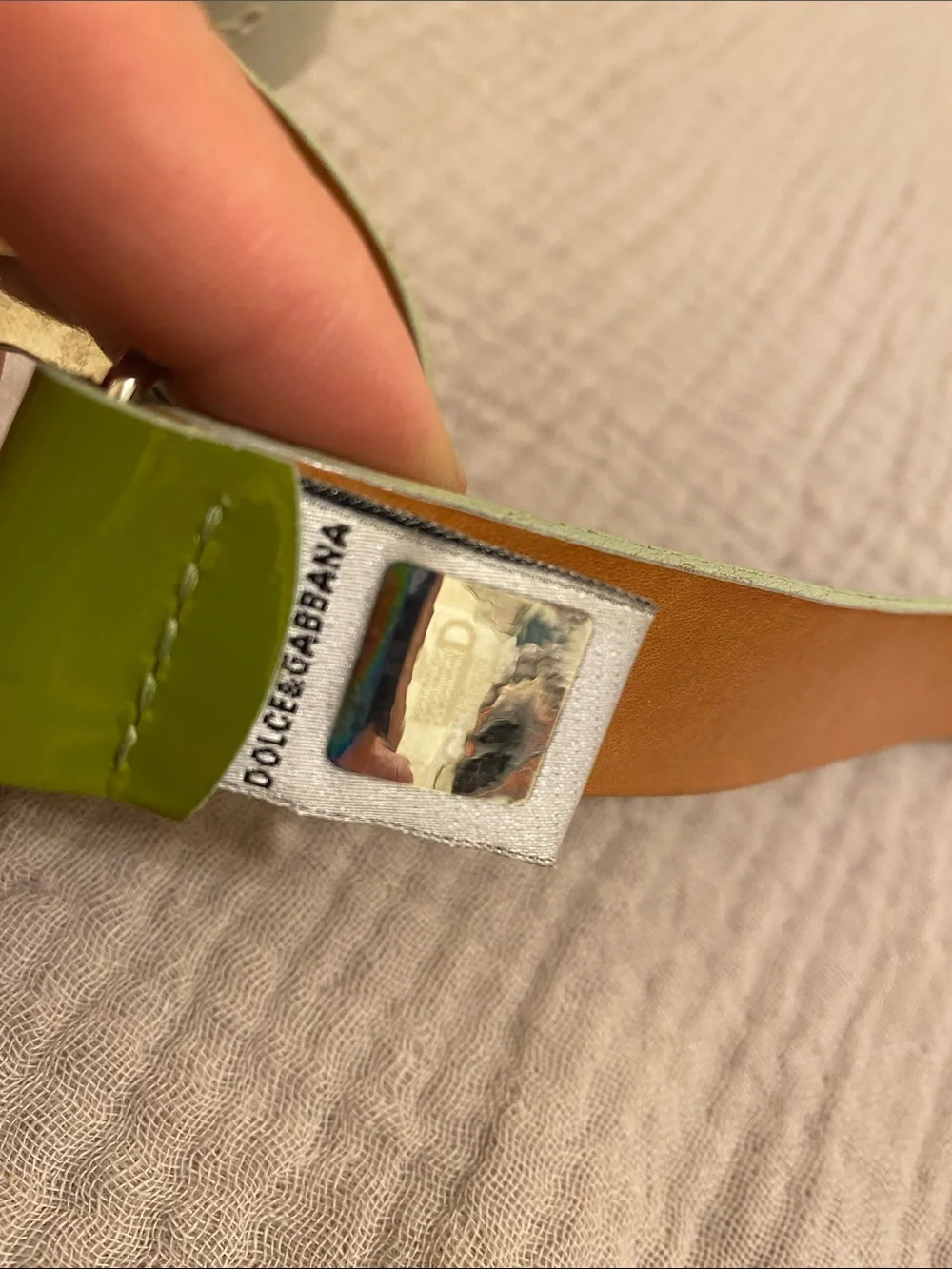 DOLCE & GABBANA D&G Lime Green Leather Belt with Silver Logo Buckle. Size 85